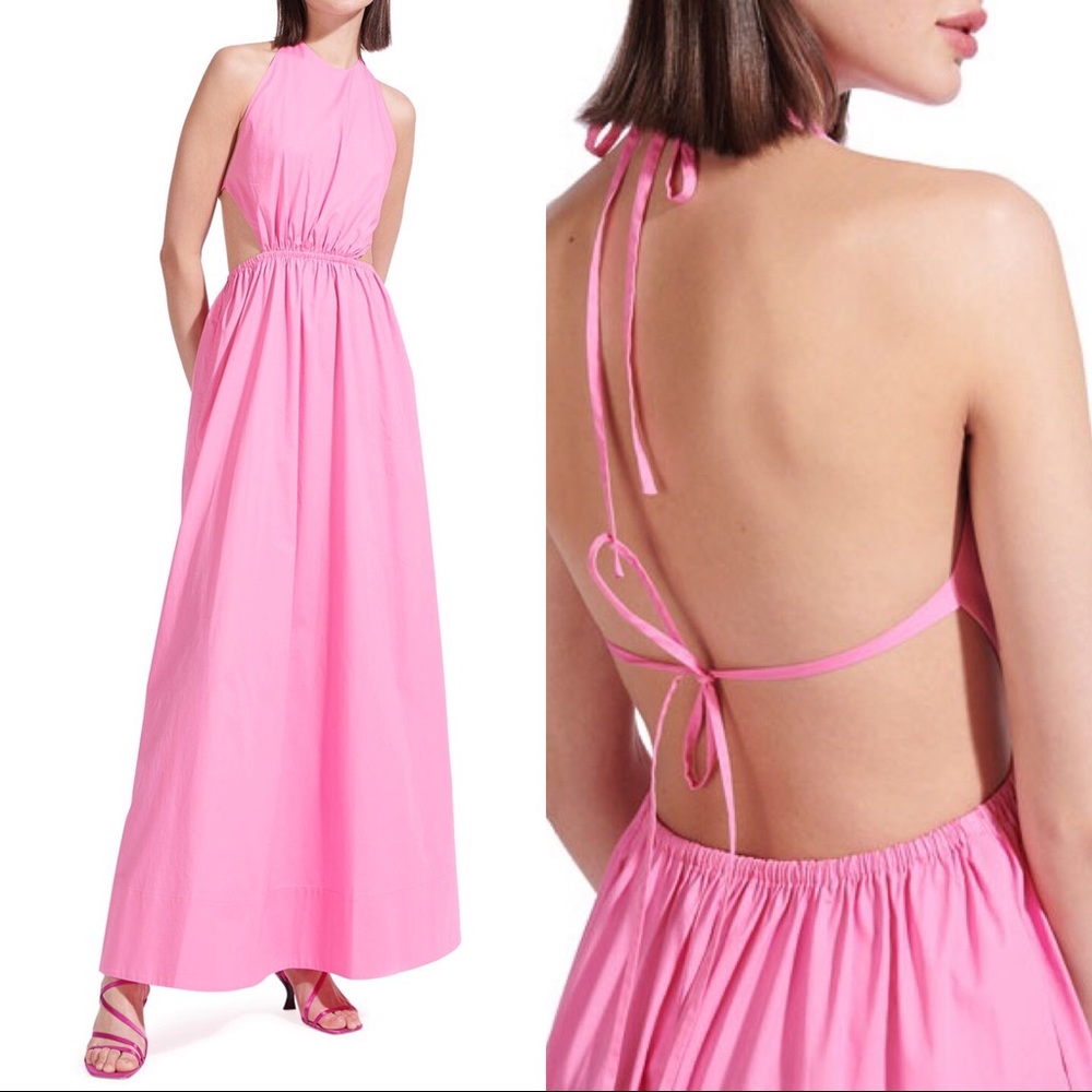Staud Apfel Pink Open Back Halter Maxi Dress